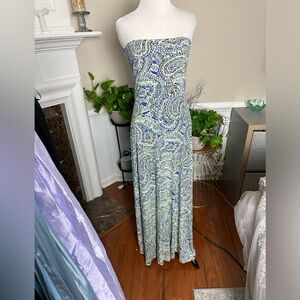 The Limited Strapless Paisley Maxi Dress in Blue and Cream